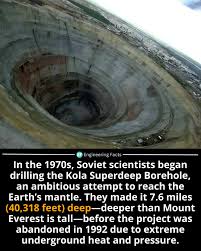 This is the Kola Superdeep Borehole. It's the biggest hole dug by man (without power tools). It reaches an astounding 7.6 miles which is taller then the Mariana Trench and Mt. Everest!